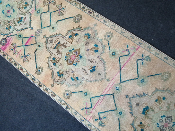 Beige Turkish Runner Rug 3' x 10' 10" Hand-Knotted close-up