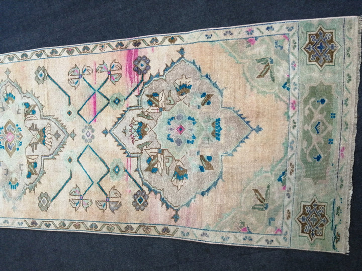 Beige Turkish Runner Rug 3' x 10' 10" Hand-Knotted border