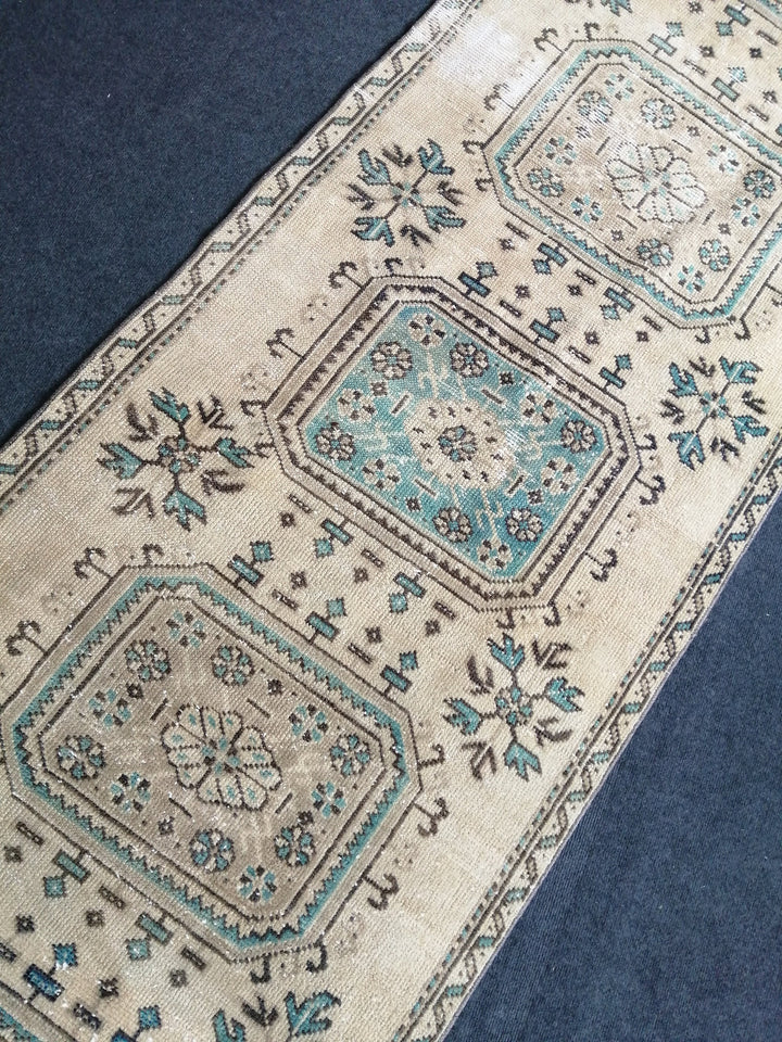 Beige Turkish Runner Rug 3' x 10' 10" Hand-Knotted close-up