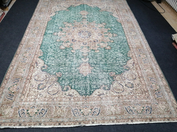 Green Turkish Runner Rug 7' x 10' 5" Hand-Knotted | No. WR43903