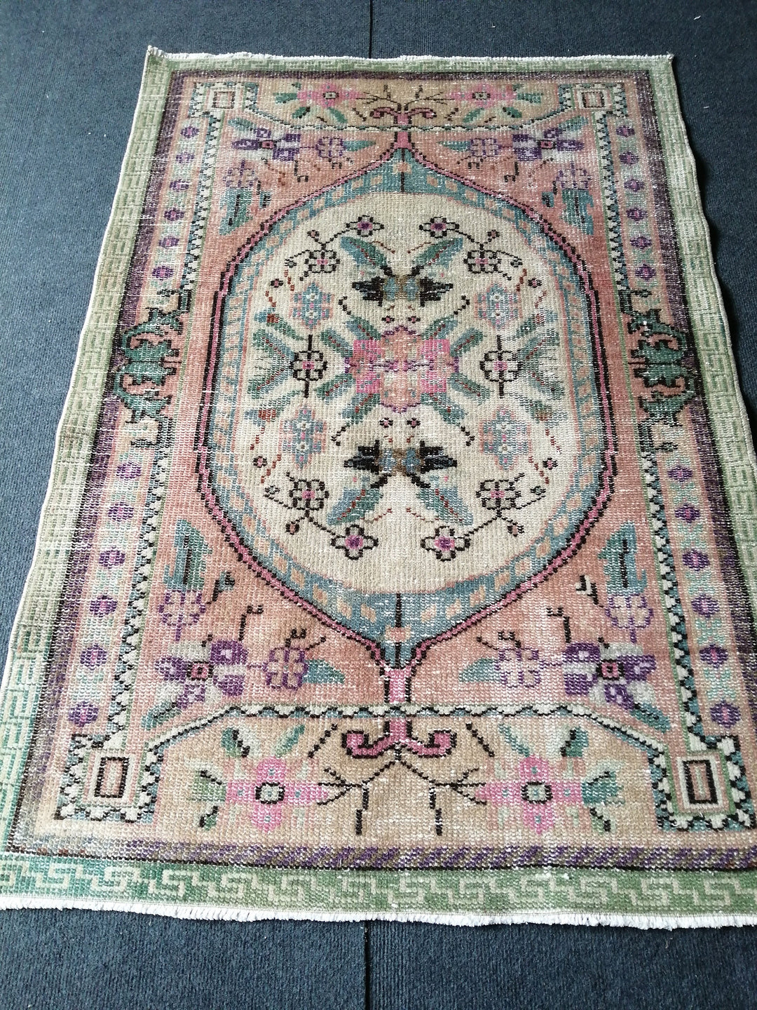 Beige Turkish Runner Rug 3' x 4' 6" Hand-Knotted border