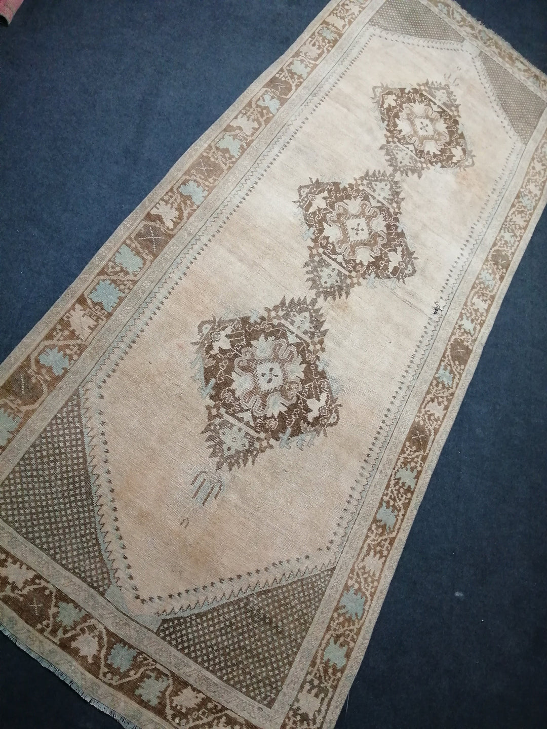 Beige Turkish Runner Rug 4' 1" x 12' 2" Hand-Knotted
