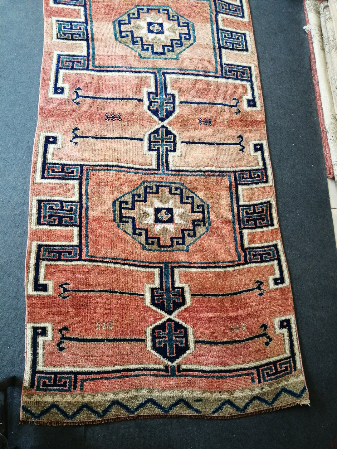 Beige Turkish Runner Rug 4' 4" x 12' 8" Hand-Knotted field