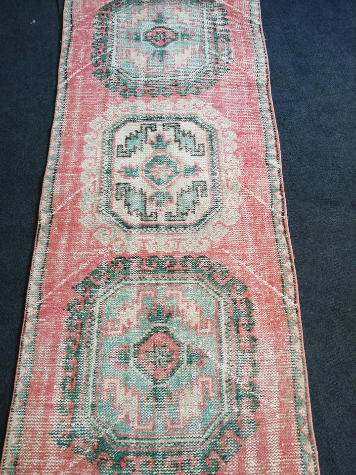 Pink Turkish Runner Rug 3' x 12' Hand-Knotted pattern