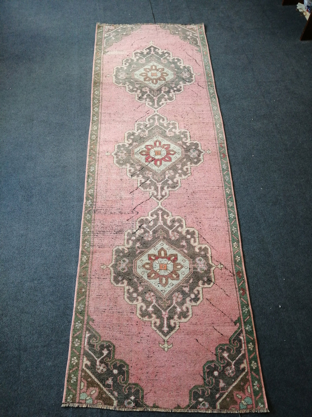 Beige Turkish Runner Rug 3' x 9' 5" Hand-Knotted field
