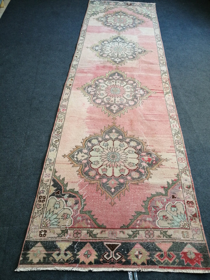 Beige Turkish Runner Rug 3' 5" x 12' Hand-Knotted texture