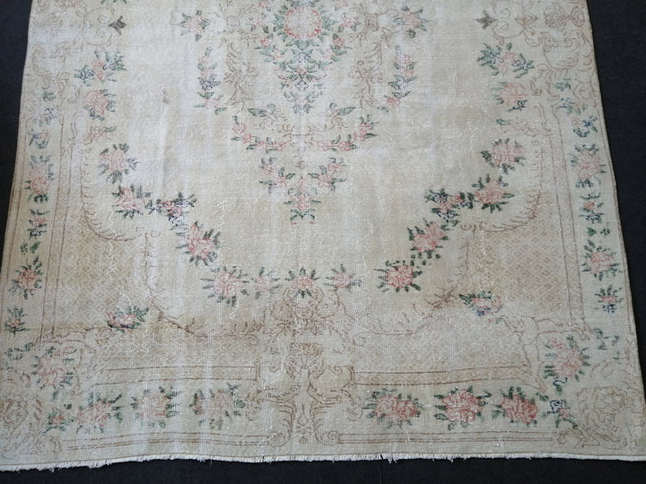 Beige Turkish Runner Rug 7' x 10' Hand-Knotted close-up
