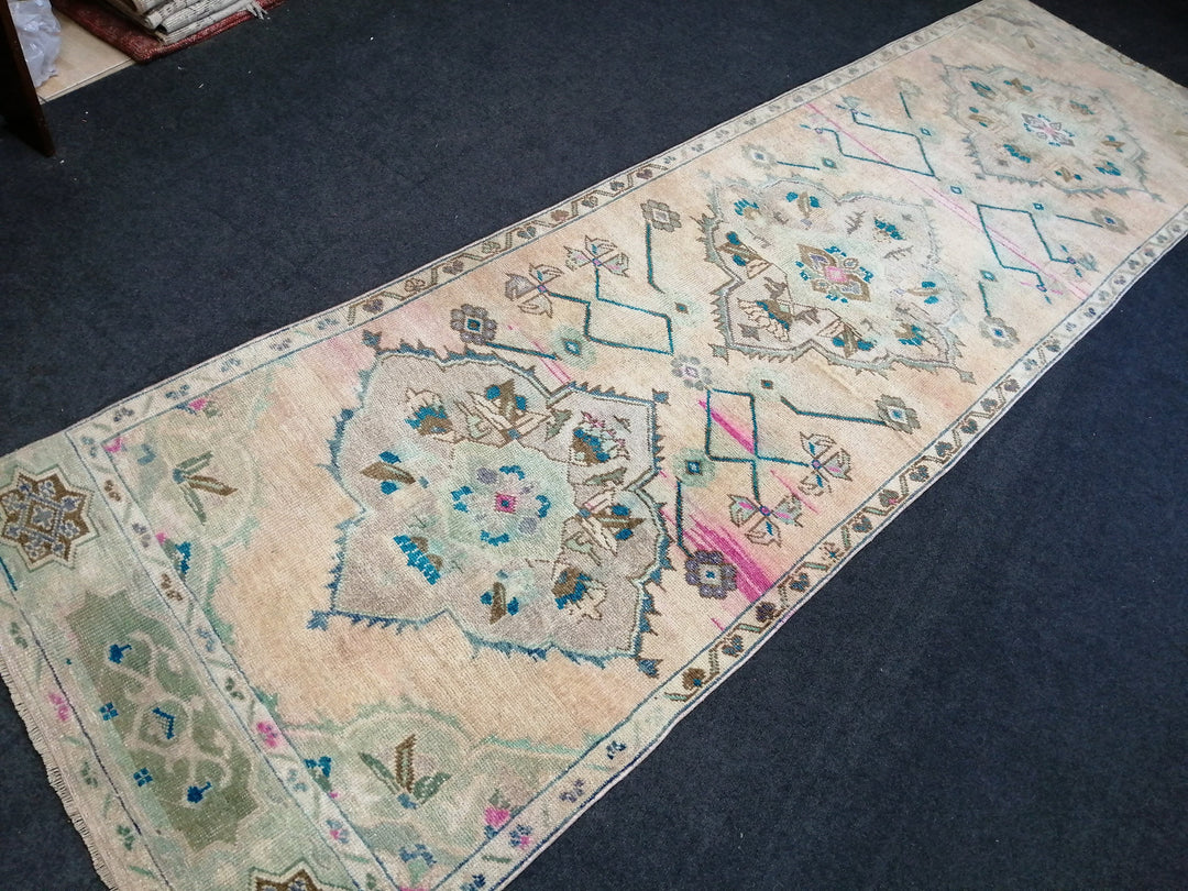 Beige Turkish Runner Rug 3' x 10' 10" Hand-Knotted pattern
