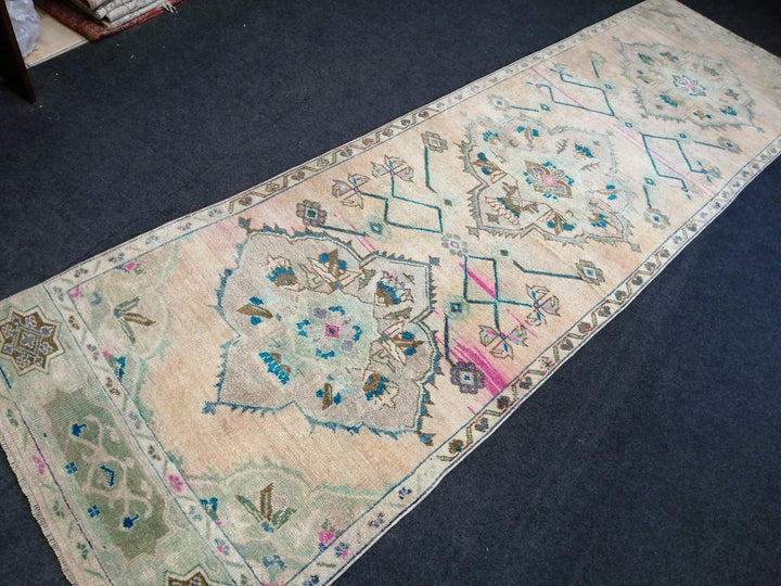 Beige Turkish Runner Rug 3' x 10' 10" Hand-Knotted pattern
