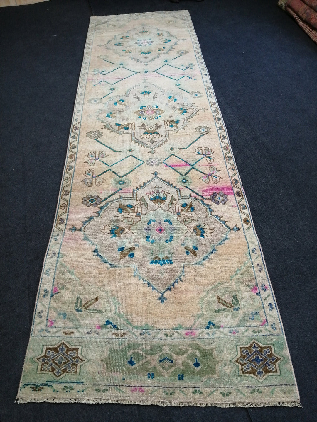 Beige Turkish Runner Rug 3' x 10' 10" Hand-Knotted field