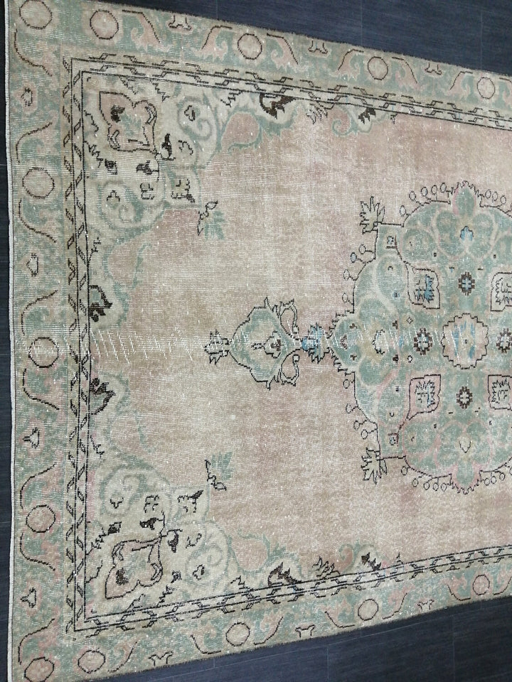 Beige Turkish Runner Rug 6' 4" x 9' 11" Hand-Knotted close-up