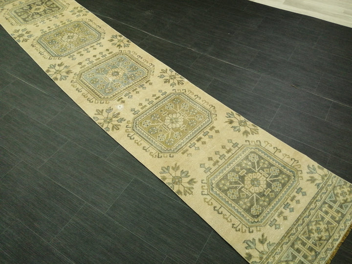 Beige Turkish Runner Rug 2' 4" x 11' 2" Hand-Knotted field