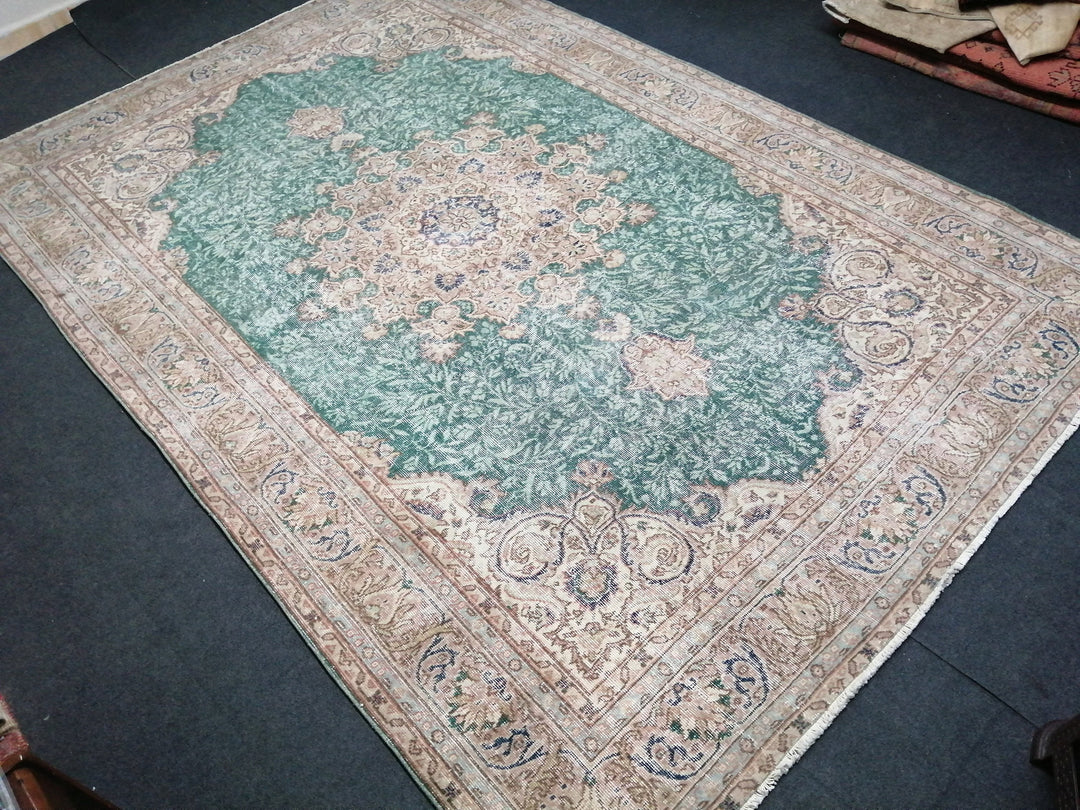 Green Turkish Runner Rug 7' x 10' 5" Hand-Knotted | No. WR43903