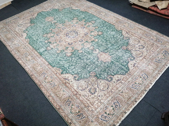 Green Turkish Runner Rug 7' x 10' 5" Hand-Knotted | No. WR43903