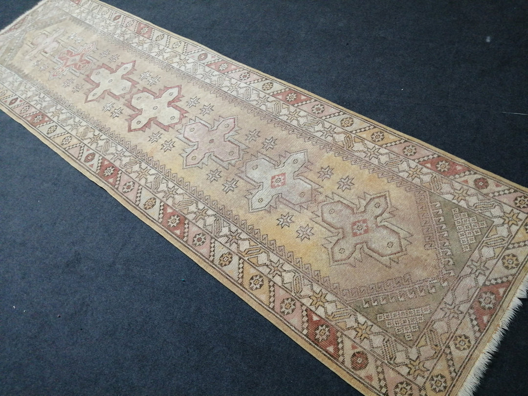 Beige Turkish Runner Rug 3' x 10' Hand-Knotted field