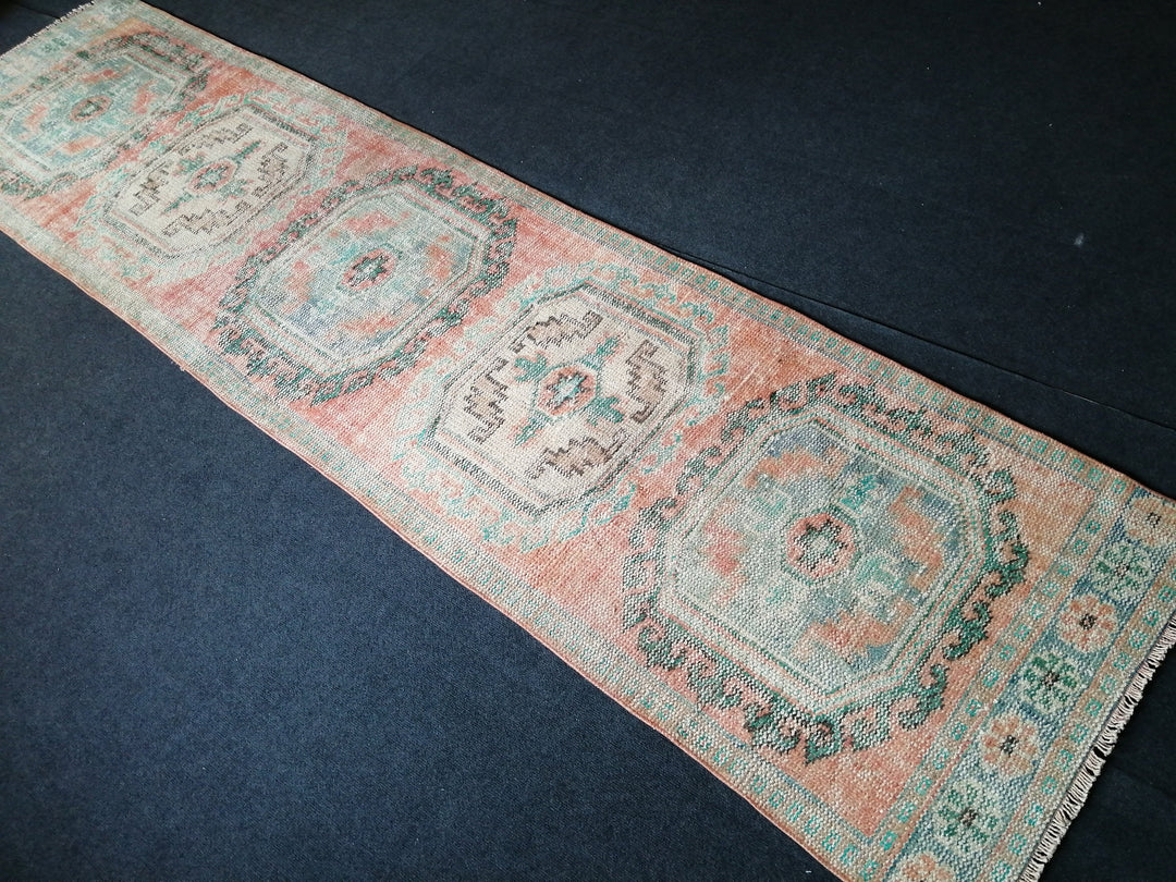 Beige Turkish Runner Rug 2' 1" x 11' 7" Hand-Knotted field