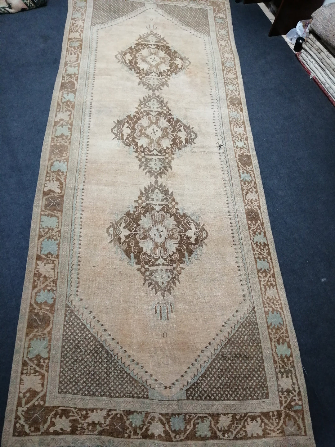 Beige Turkish Runner Rug 4' 1" x 12' 2" Hand-Knotted field