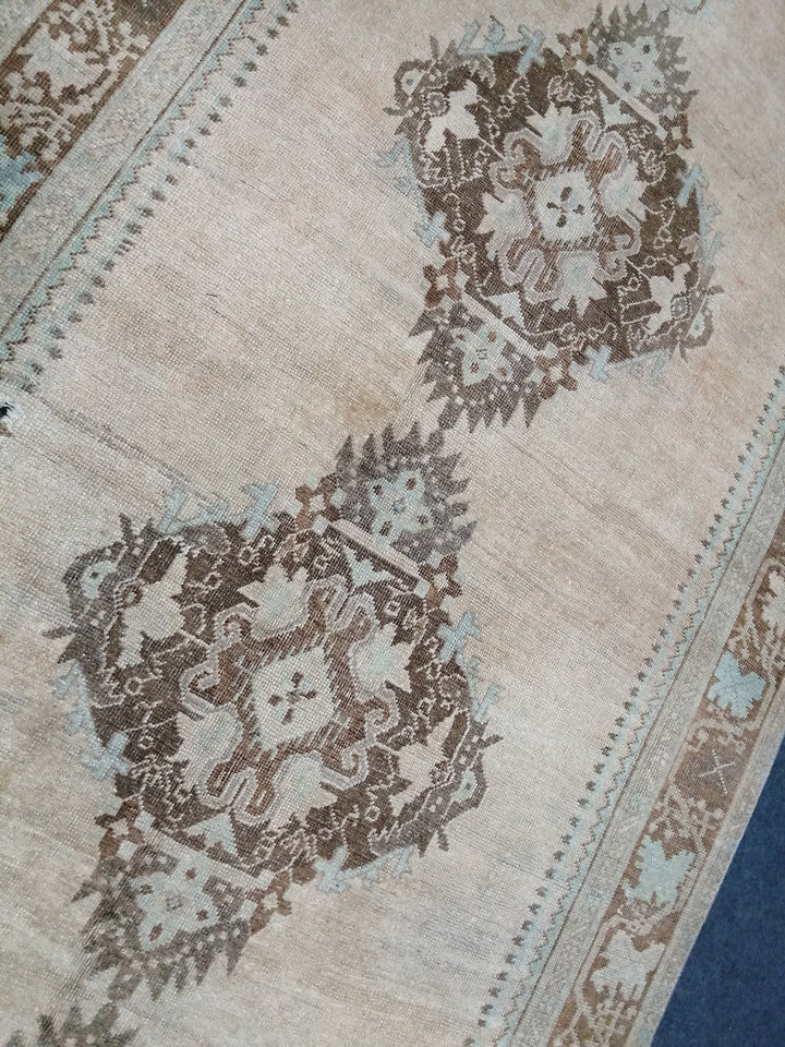 Beige Turkish Runner Rug 4' 1" x 12' 2" Hand-Knotted pattern
