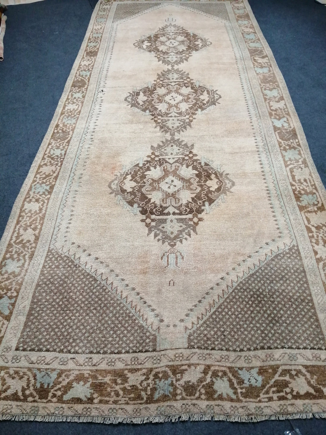 Beige Turkish Runner Rug 4' 1" x 12' 2" Hand-Knotted reverse