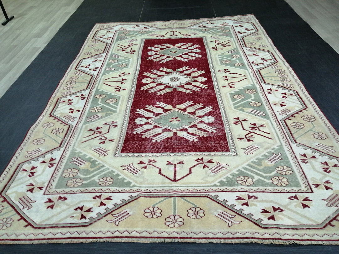 Beige Turkish Runner Rug 6' 6" x 9' 3" Hand-Knotted