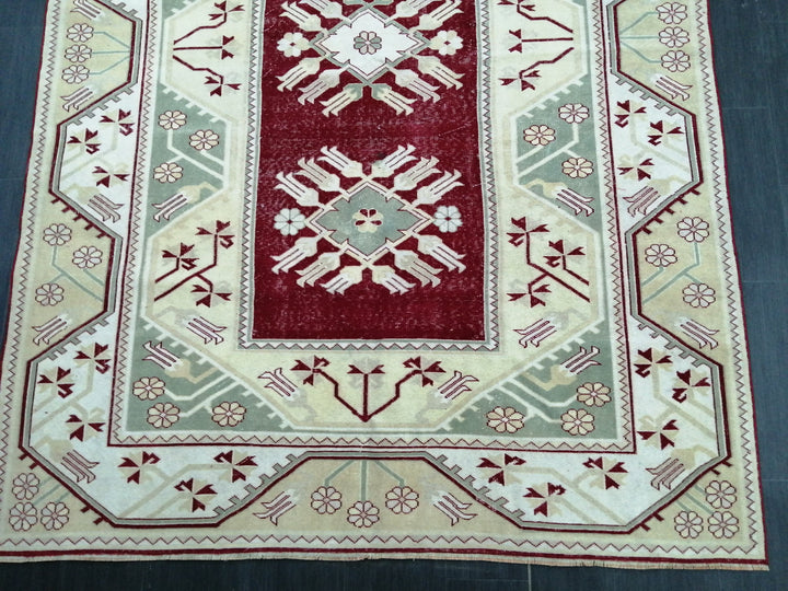 Beige Turkish Runner Rug 6' 6" x 9' 3" Hand-Knotted close-up