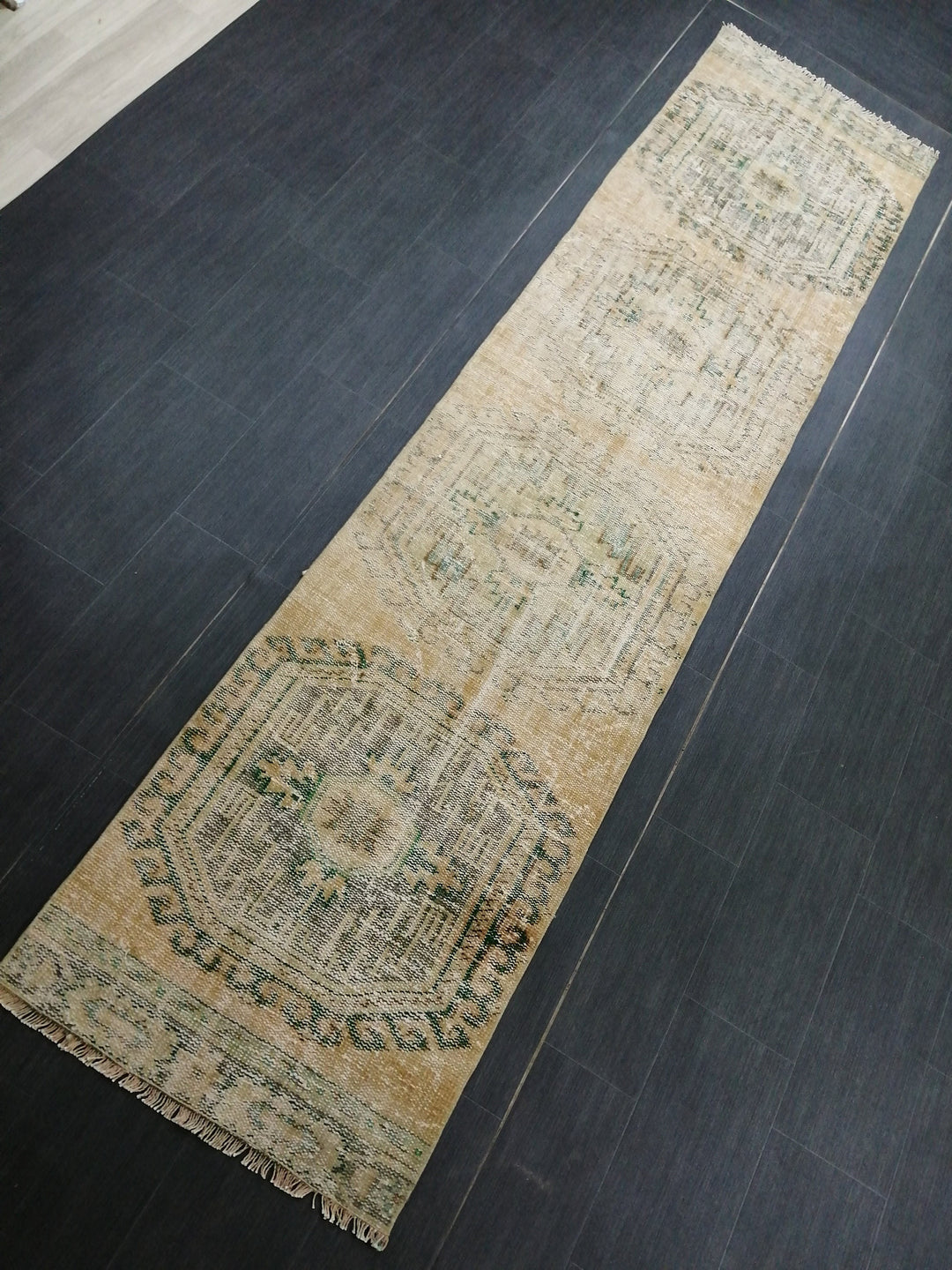 Beige Turkish Runner Rug 2' 7" x 10' 9" Hand-Knotted close-up