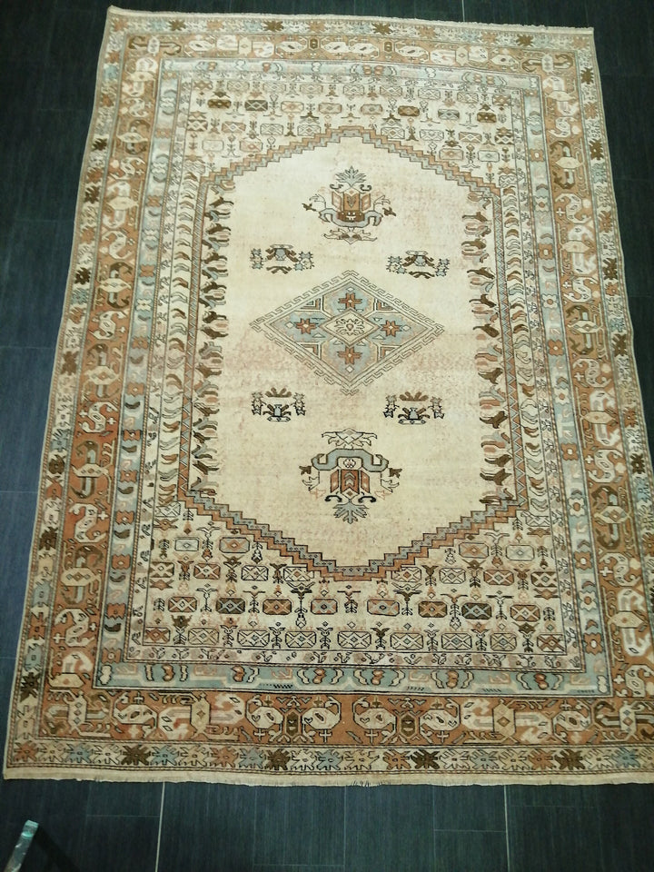 Beige Turkish Runner Rug 6' 6" x 9' 2" Hand-Knotted close-up