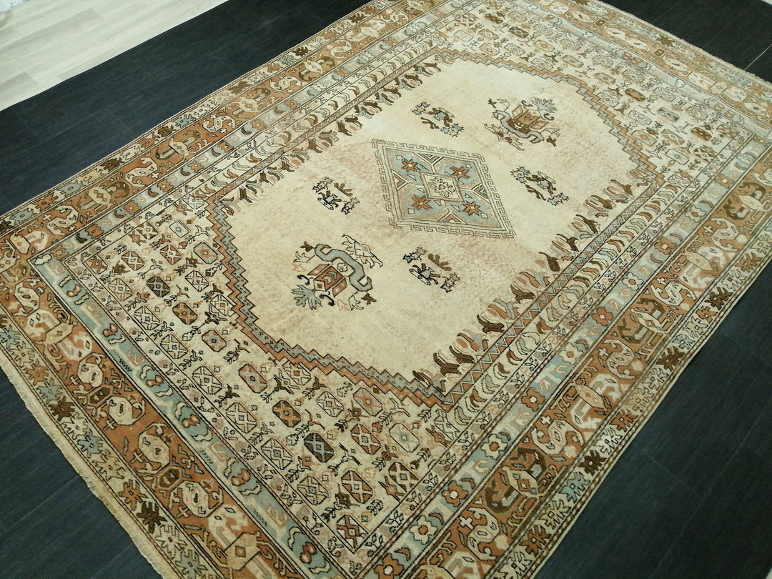 Beige Turkish Runner Rug 6' 6" x 9' 2" Hand-Knotted reverse