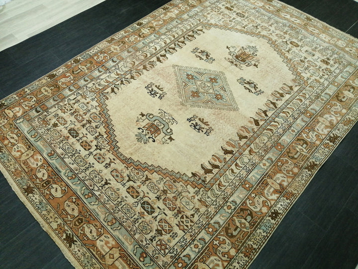 Beige Turkish Runner Rug 6' 6" x 9' 2" Hand-Knotted reverse