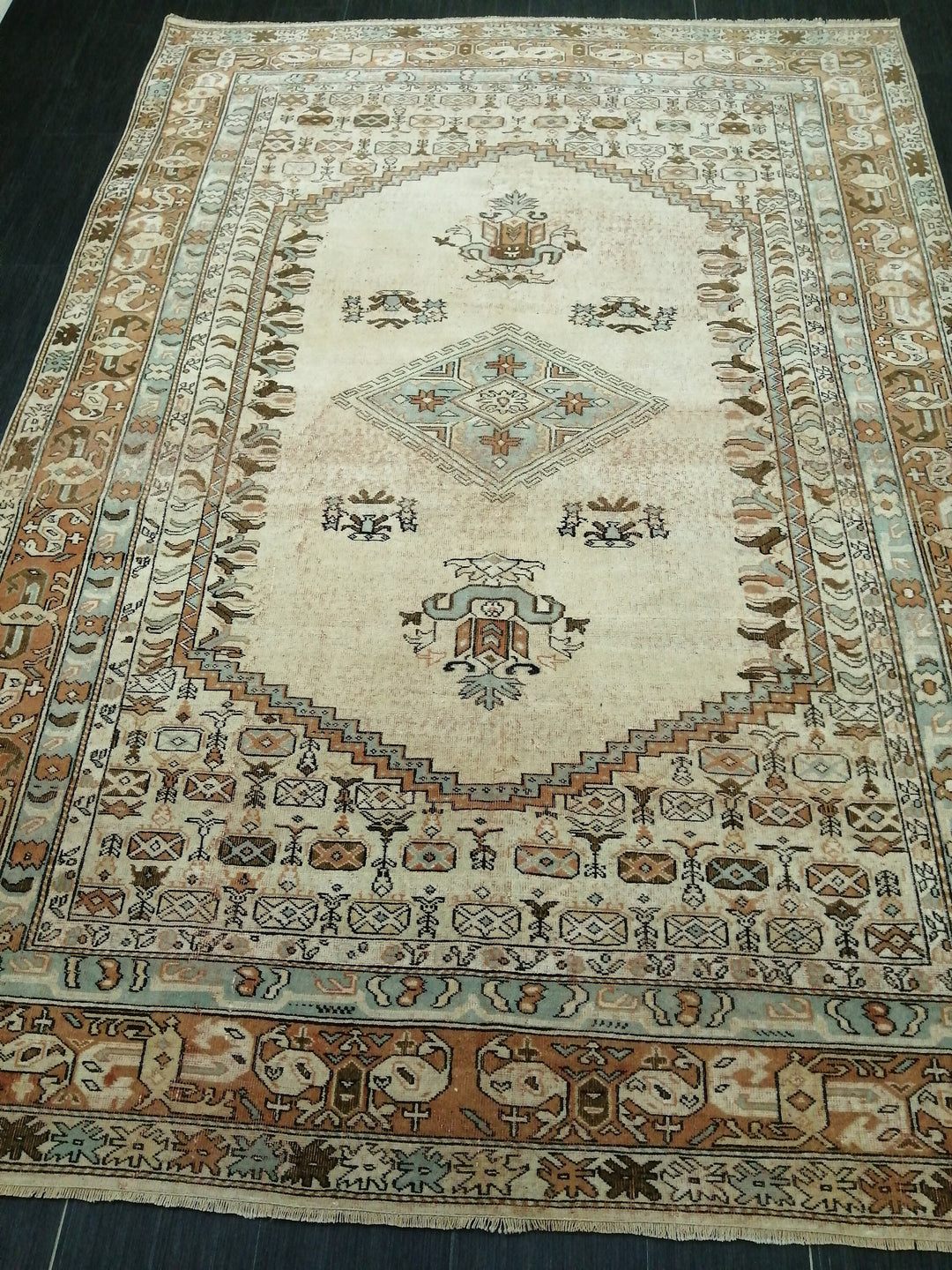 Beige Turkish Runner Rug 6' 6" x 9' 2" Hand-Knotted field