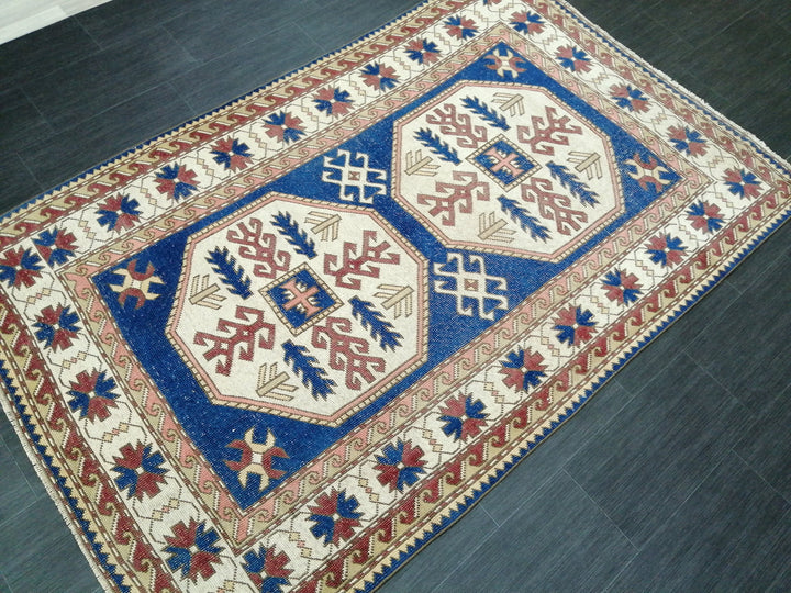 Blue Turkish Runner Rug 4' 8" x 7' 3" Hand-Knotted | No. WR75418