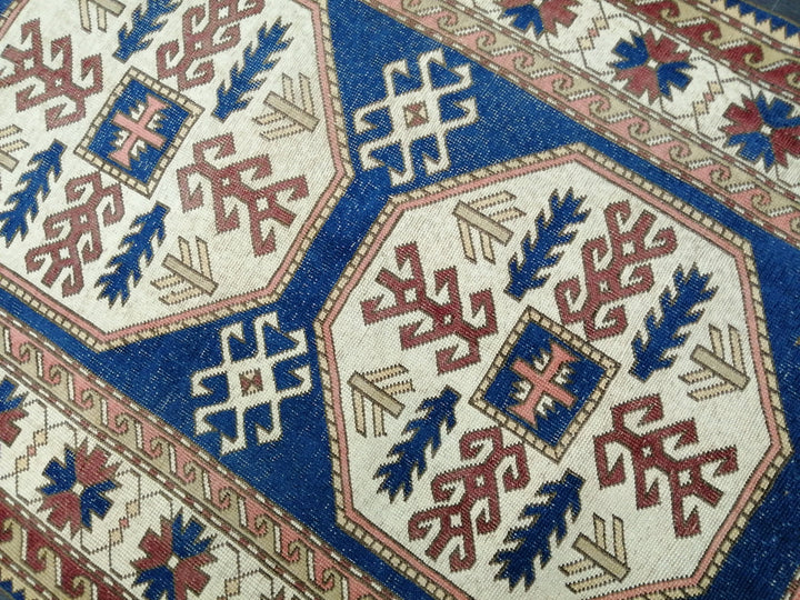 Blue Turkish Runner Rug 4' 8" x 7' 3" Hand-Knotted | No. WR75418