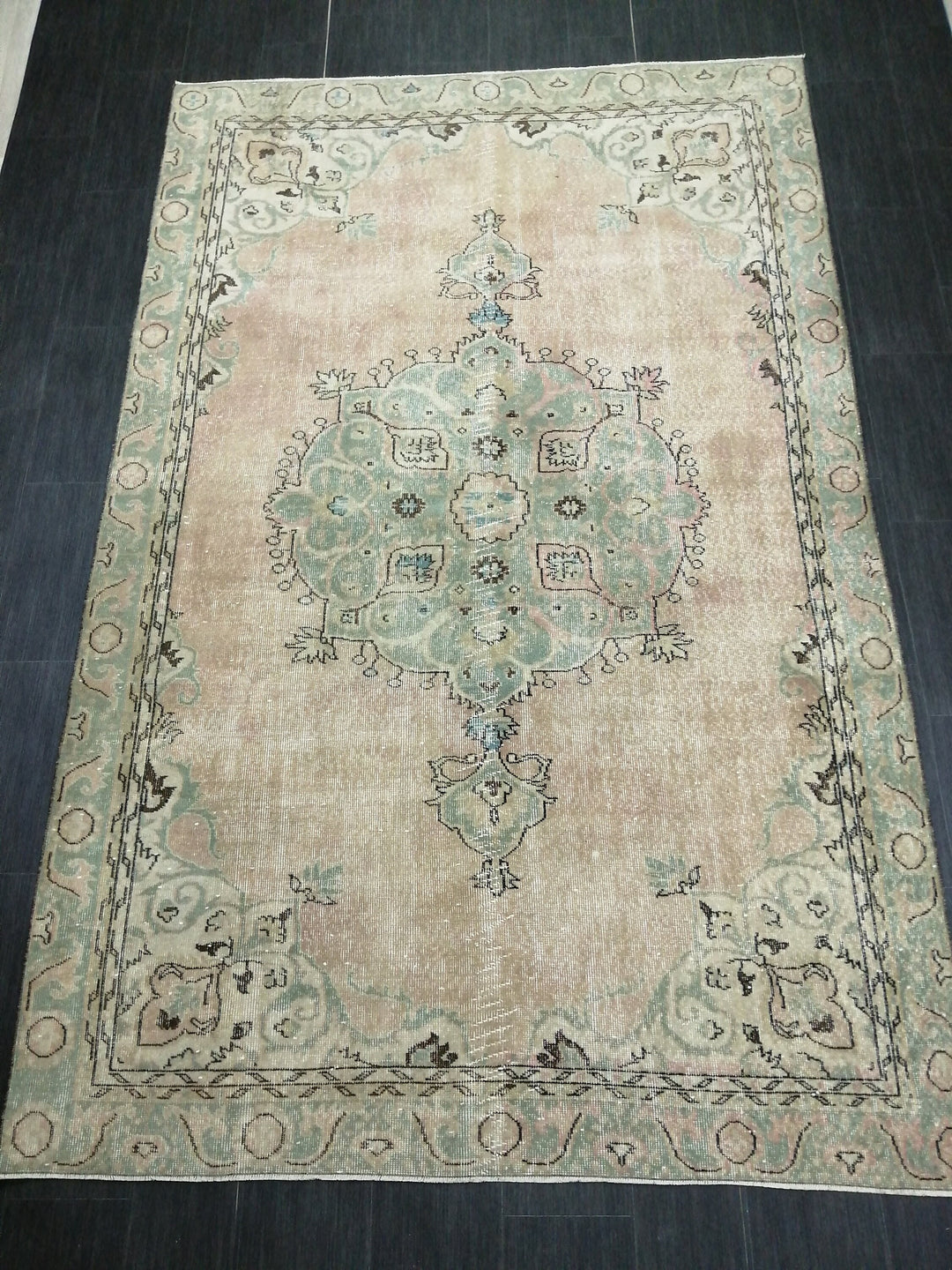 Beige Turkish Runner Rug 6' 4" x 9' 11" Hand-Knotted detail
