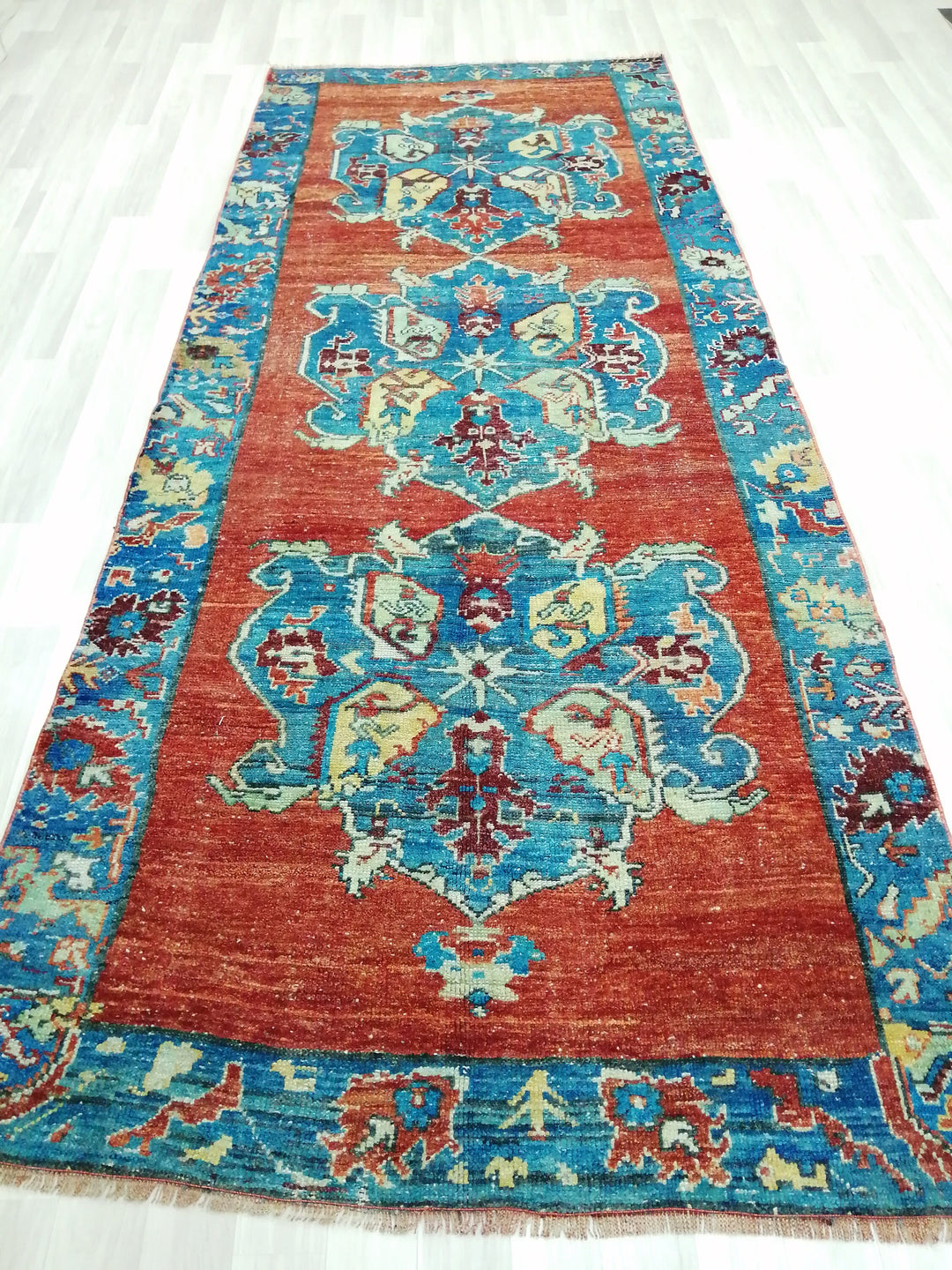 Beige Turkish Runner Rug 4' 2" x 10' 5" Hand-Knotted reverse