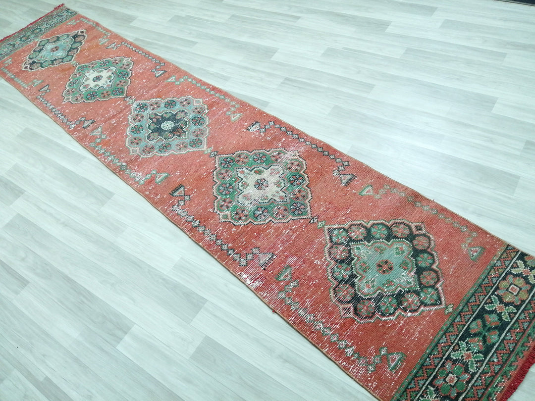 Beige Turkish Runner Rug 2' 4" x 11' 7" Hand-Knotted reverse