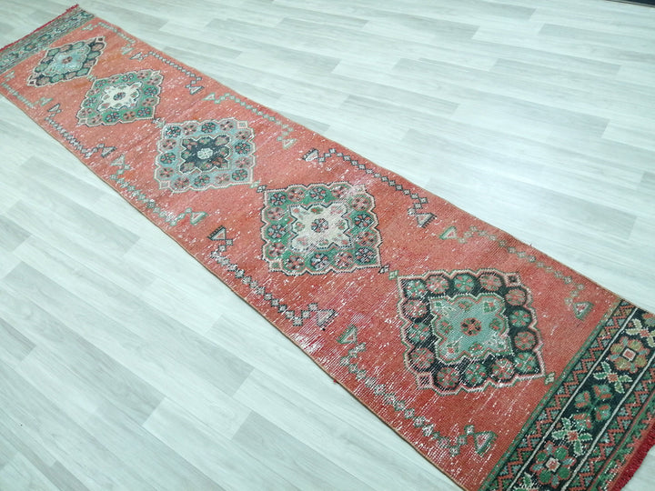 Beige Turkish Runner Rug 2' 4" x 11' 7" Hand-Knotted reverse