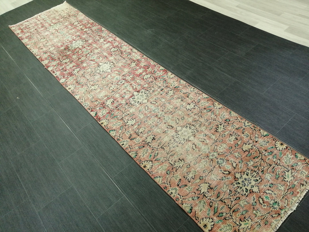 Beige Turkish Distressed Runner Rug 2' 6" x 10' 8" Hand-Knotted | No. WR79162