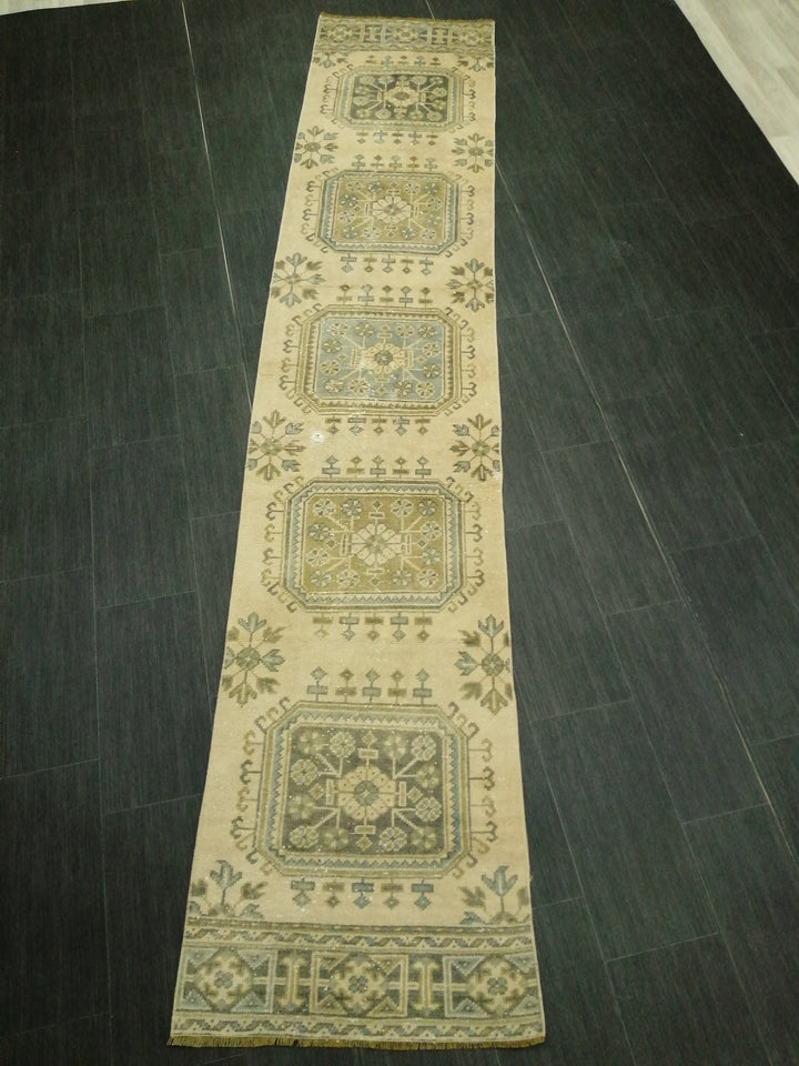 Beige Turkish Runner Rug 2' 4" x 11' 2" Hand-Knotted close-up