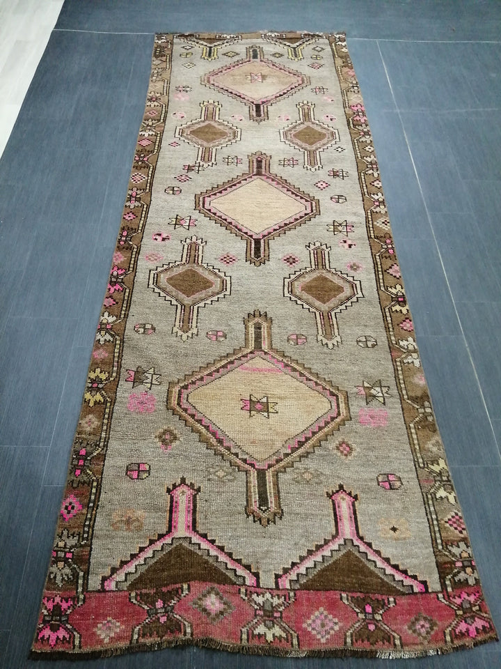 Beige Turkish Runner Rug 3' 10" x 10' 5" Hand-Knotted field