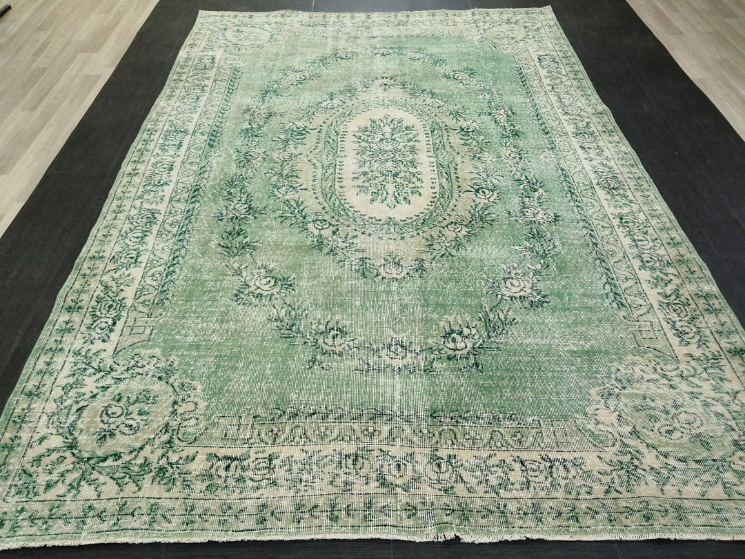 Green Turkish Runner Rug 6' 11" x 10' 3" Hand-Knotted | No. WR90460