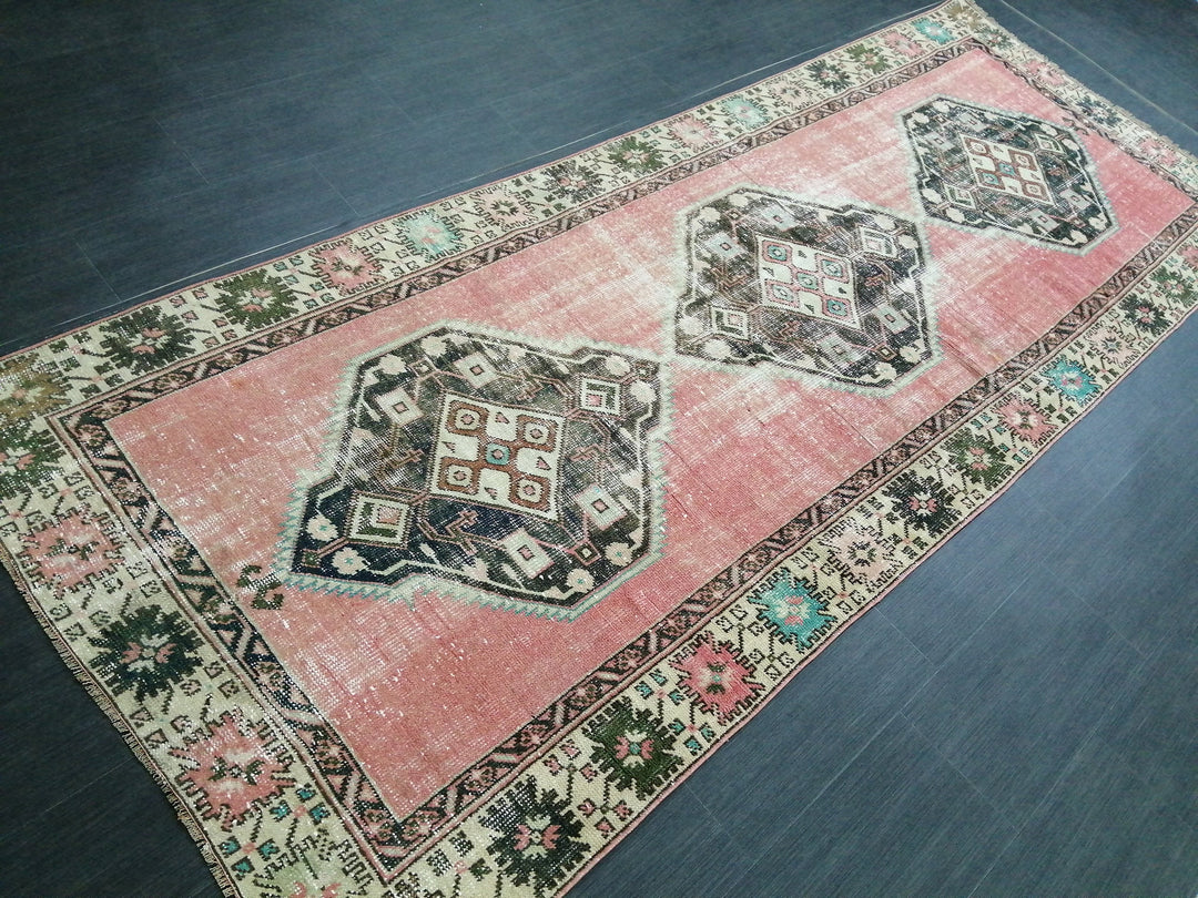 Beige Turkish Runner Rug 4' x 10' 4" Hand-Knotted