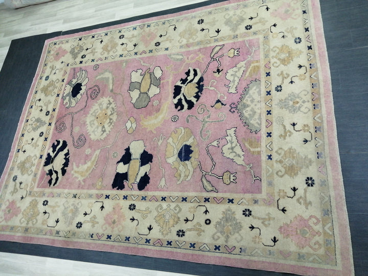 Beige Turkish Runner Rug 9' 2" x 11' 9" Hand-Knotted close-up