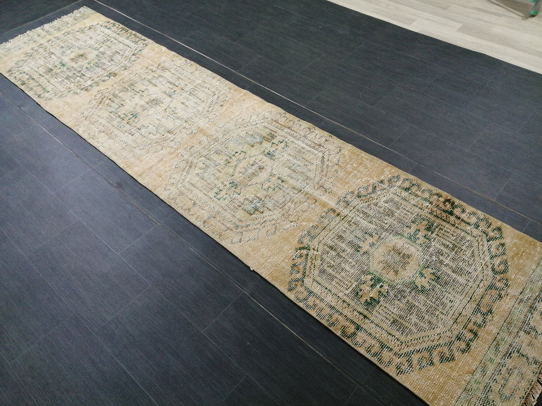 Beige Turkish Runner Rug 2' 7" x 10' 9" Hand-Knotted