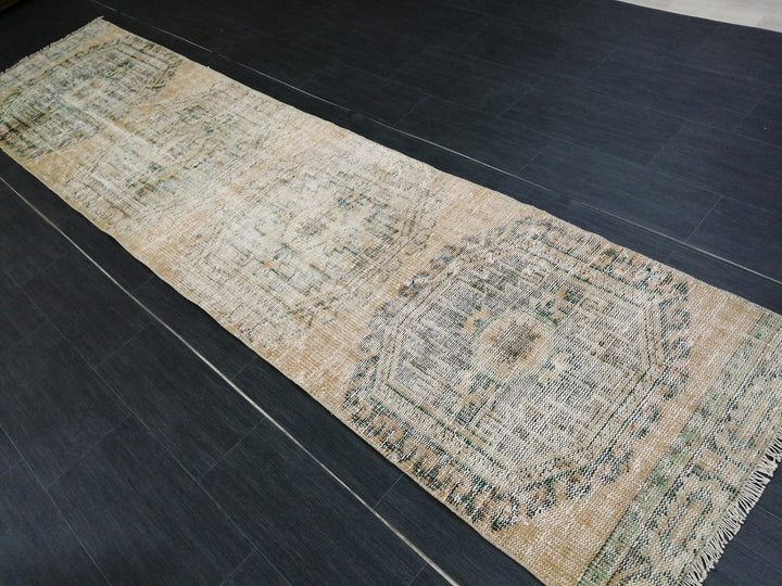 Beige Turkish Runner Rug 2' 7" x 10' 9" Hand-Knotted texture