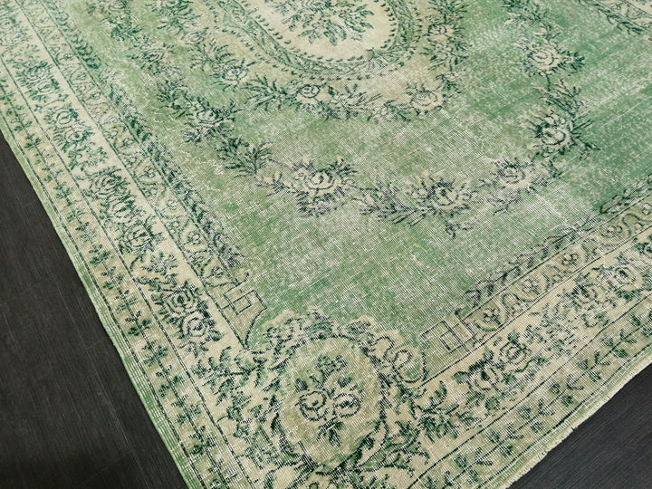 Green Turkish Runner Rug 6' 11" x 10' 3" Hand-Knotted | No. WR90460