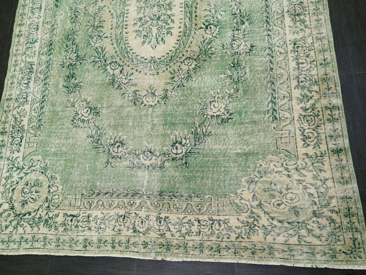 Green Turkish Runner Rug 6' 11" x 10' 3" Hand-Knotted | No. WR90460