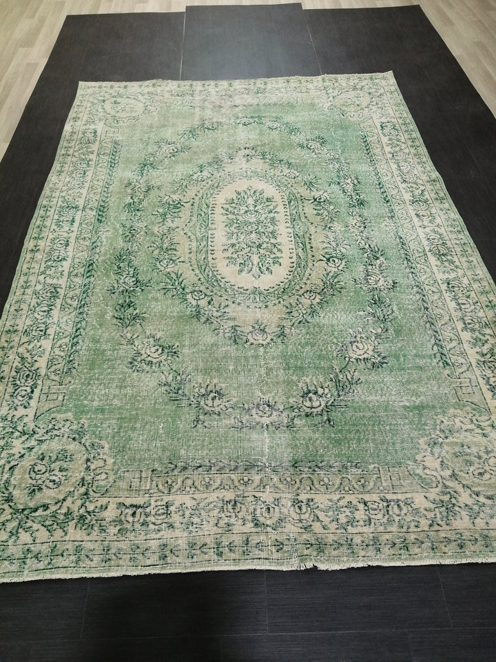 Green Turkish Runner Rug 6' 11" x 10' 3" Hand-Knotted | No. WR90460