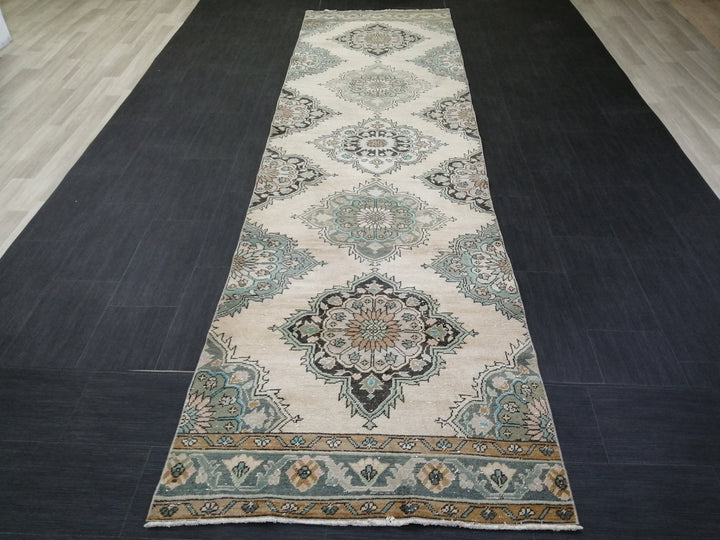 Beige Turkish Runner Rug 3' 6" x 12' 10" Hand-Knotted detail