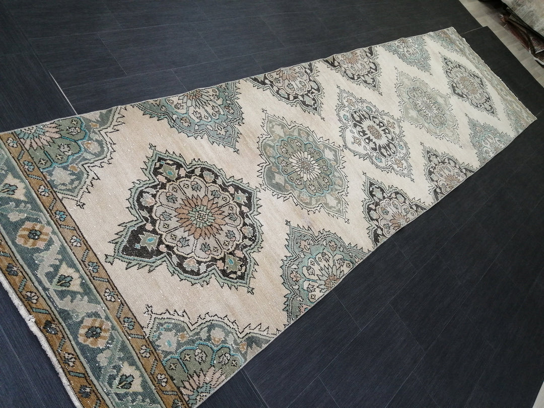 Beige Turkish Runner Rug 3' 6" x 12' 10" Hand-Knotted border