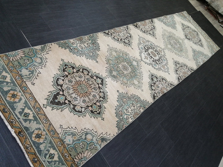 Beige Turkish Runner Rug 3' 6" x 12' 10" Hand-Knotted border